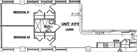 Floor plan for 2 beds, 1 bath, 683 sqft